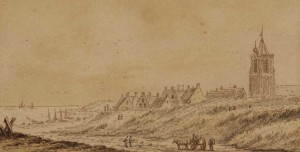 1650 - 1700 ca. Gezicht op het dorp Egmond aan Zee vanuit de duinen, in noordelijke richting. In het midden het dorp, de kerk rechts, het strand met vissersboten links. Op de weg op de voorgrond een kar en enkele wandelaars. (Bron, provinciaal archief Noord Holland)